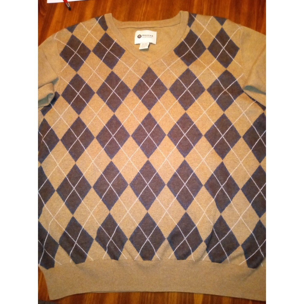 Haggar Mens XXL V-Neck Argyle Sweater Tan Brown Navy Blue Cotton Blend HF10152